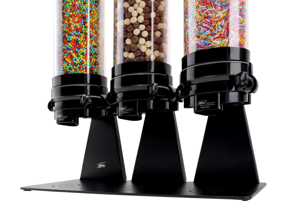 IDM Sweet dispenser DMPC3-1.5L, Triple, freestanding, ice cream topping  dispenser. 1.5 liter capacity, metal black stand, Portion controlled